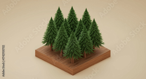 Vibrant green coniferous trees in a minimalist 3D isometric render on a square land base, illustrating the concept of natural growth and sustainable environments