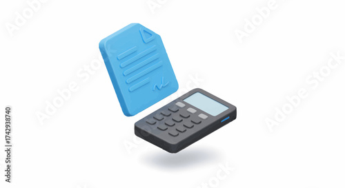 3D Isometric graphic of a calculator and document icon, symbolizing financial planning, accounting, budget management, and crucial business record-keeping tasks
