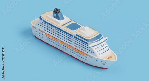 Isometric 3D Rendering of a Grand Cruise Ship on Blue Background, Symbolizing Luxury Sea Travel and Vacation Adventures and Leisure