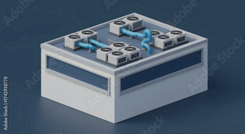 Isometric artwork of a modern building with rooftop HVAC units, illustrating advanced climate control and ventilation solutions for efficient urban infrastructure