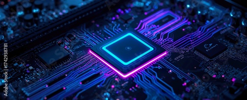 Close Up of the chip on the motherboard with neon light showing the sophistication of AI technology
