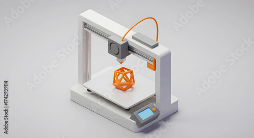 A three-dimensional printing machine creating a complex orange geometric model, illustrating modern additive manufacturing and rapid prototyping technology