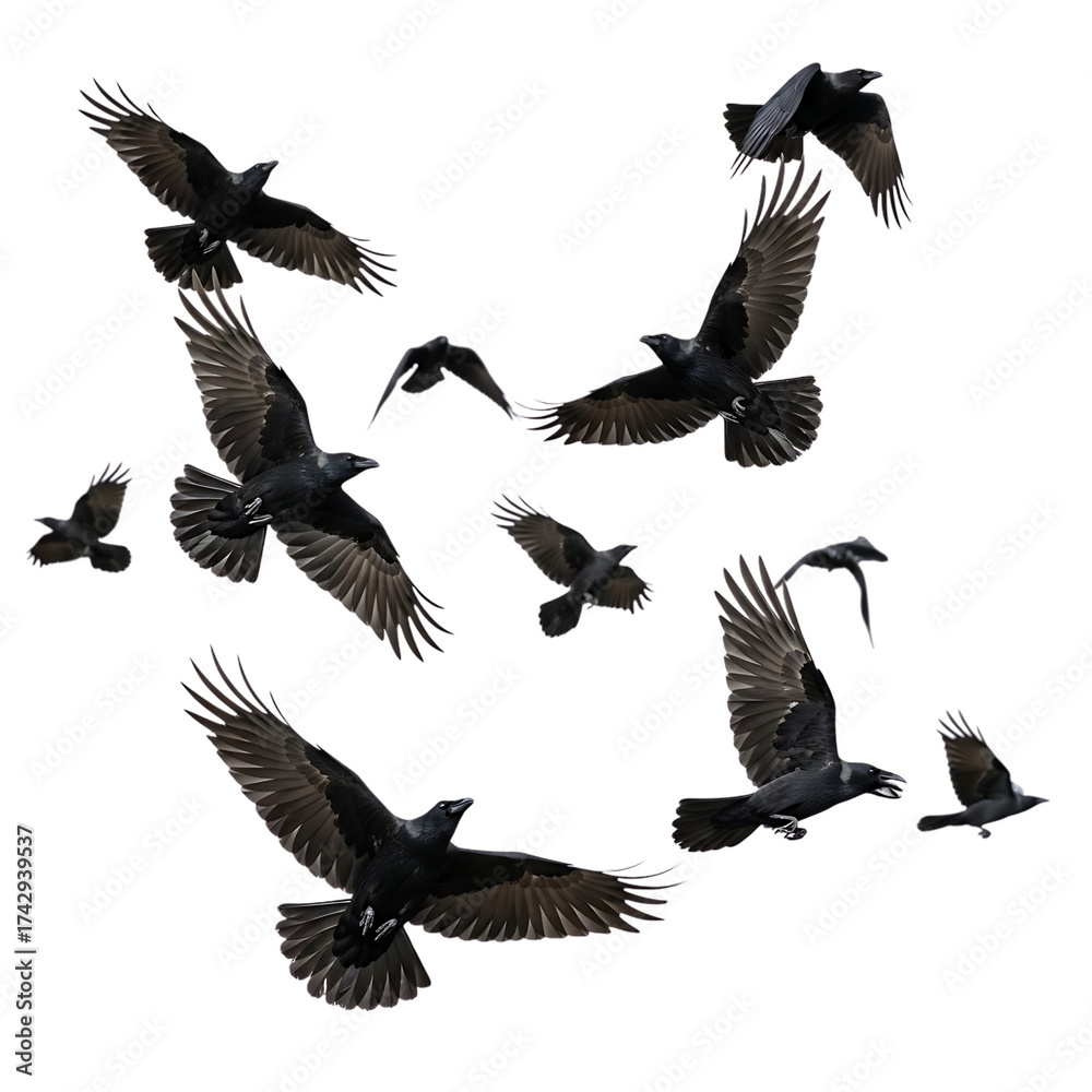 Naklejka premium Flock of crows soaring dynamically across a dark sky