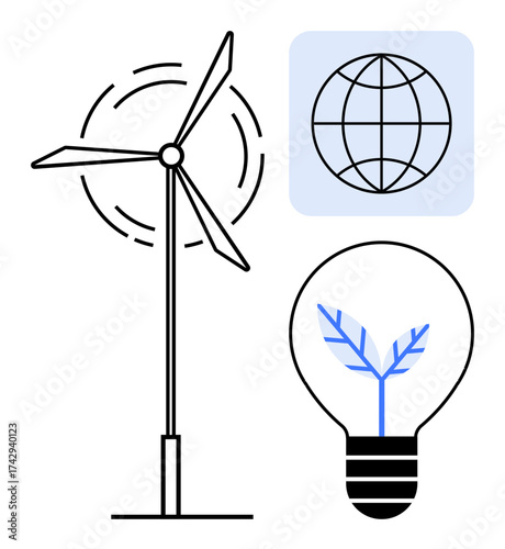 Wind turbine generating energy, globe symbolizing global impact, and lightbulb with plant design promoting sustainability. Ideal for renewable energy, green innovation, climate awareness, ecology