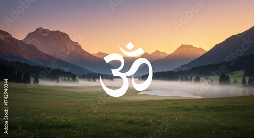 White om symbol in mountain landscape with lake and fog at sunrise. Yoga and healthy lifestyle concept. Spiritual journey and meditation.