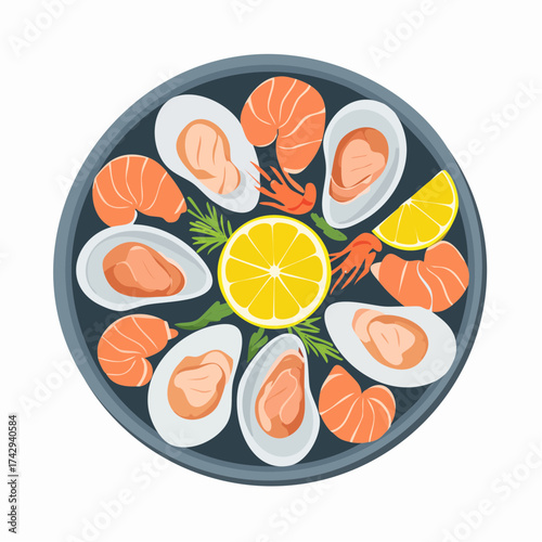 Flat lay illustration of a plate of oysters and shrimp with lemon slices on a dark blue plate against a white background.