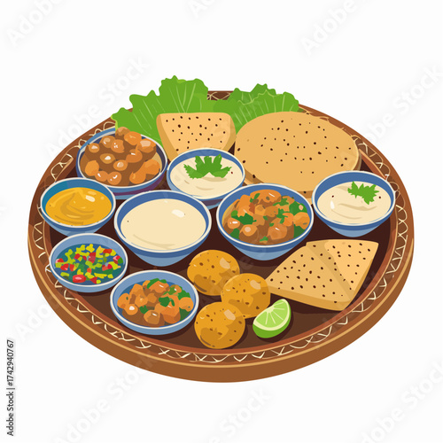 Traditional Indian thali meal with various curries, vegetables, and flatbread on a decorative plate against a clean white background.
