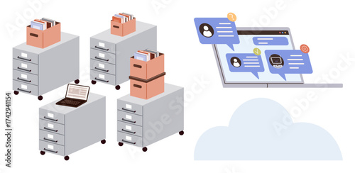Filing cabinets with documents transitioning to online chat and cloud storage. Ideal for digitalization, communication, cloud computing, online storage, collaboration, remote work, office