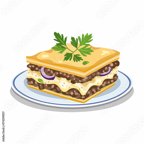 Illustration of a slice of lasagna on a plate with a parsley garnish against a white background.