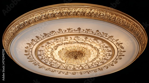 an ornate ceiling light. it has an elegant design with intricate patterns and scrollwork, suggesting a vintage or classical style