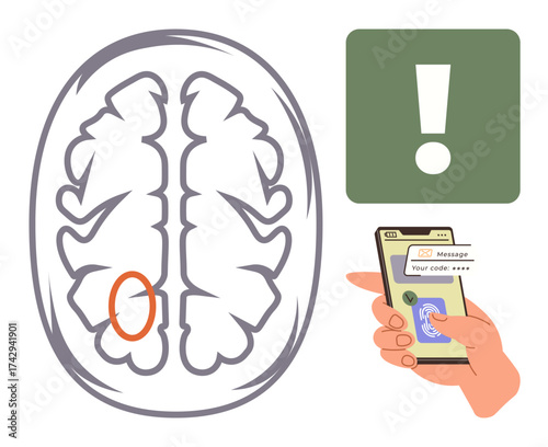 Human brain diagram with a marked area, green alert icon, and smartphone displaying a message with a security code. Ideal for neuroscience, healthcare, technology, warning, intelligence