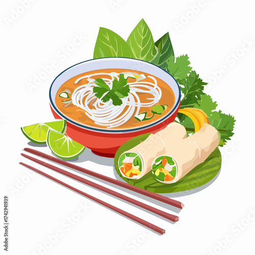 Illustration of a bowl of soup with noodles and a side of spring rolls on a leaf with chopsticks, limes, and herbs on a white background.