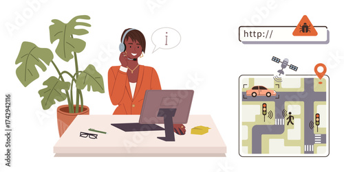 Professional at a desk with headset assisting customers traffic navigation, cybersecurity alert. Ideal for customer support, tech solutions, safety, navigation, communication, help desk, conceptual