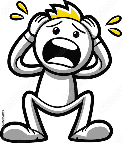 Cartoon character in distress with hands on head and open mouth.