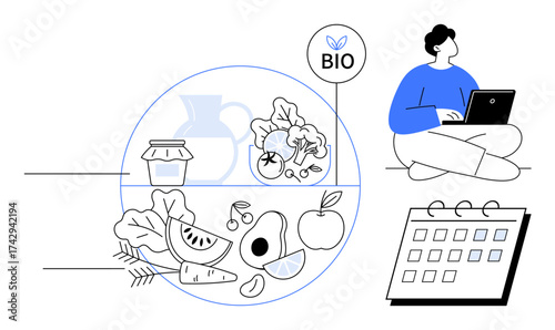 Person using a laptop surrounded by a bio label, organic fruits, vegetables, and a weekly calendar. Ideal for nutrition, healthy living, meal prep, eco-conscious lifestyle, diet planning