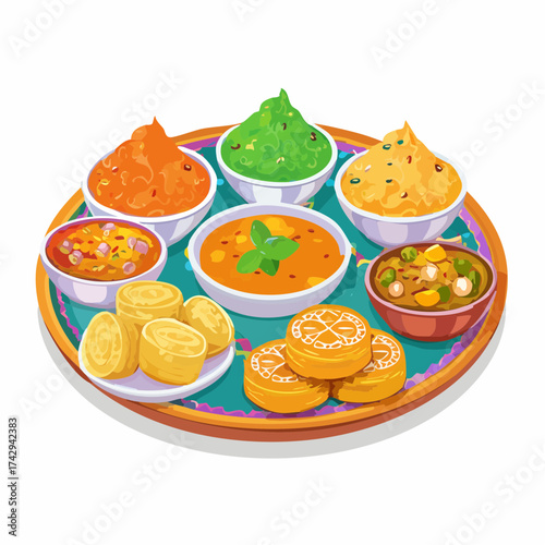 Illustration of a colorful Indian thali platter with various curries and snacks on a decorative plate against a white background.