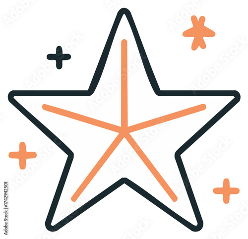 Stylized star symbol icon surrounded by small abstract elements for designs