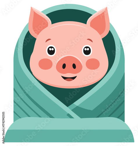Adorable cartoon piglet swaddled in a cozy teal blanket looking happy