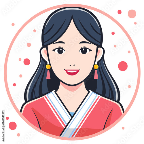 Smiling Asian woman portrait illustration in traditional inspired colorful attire