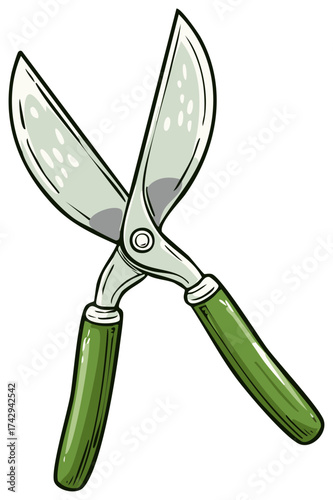 Illustration of garden pruning shears with green handles and silver blades