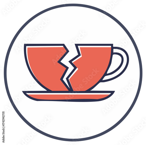Broken Tea Cup Icon Graphic Design; Isolated Circular Vector Symbol