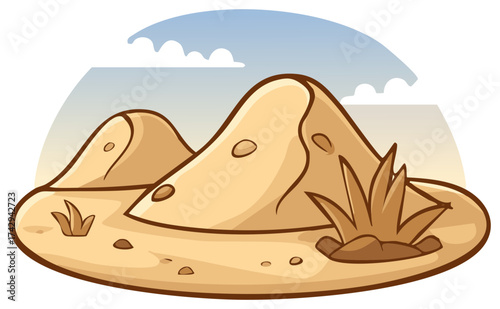 Cartoon desert dunes with vegetation under a cloudy sky, illustration for desert themes