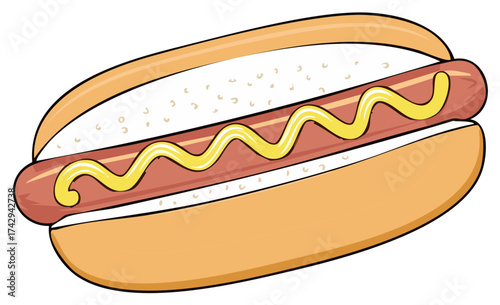 Cartoon Hotdog with Mustard Topping Illustration with Outline