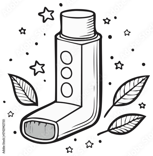 Black and white illustration of an asthma inhaler with leaves and stars symbolizing relief