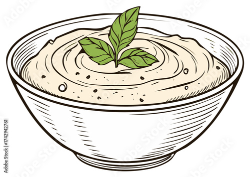 Bowl of creamy hummus dip with fresh basil garnish in a hand drawn vector sketch style