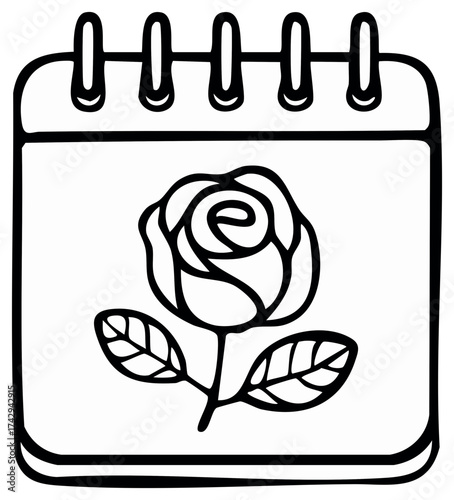 Rose flower on a calendar page, love and date concept, floral illustration