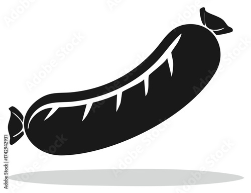 Black silhouette illustration of a sausage with jagged markings isolated on white