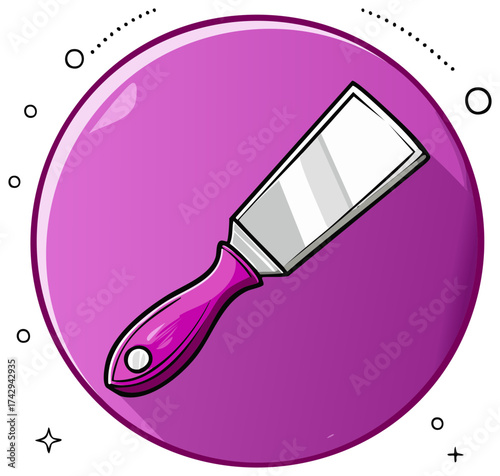 Vibrant digital illustration of a spackling putty knife with pink handle in a modern round icon