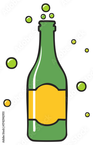 Simple vector illustration of a green champagne bottle with fizzing bubbles