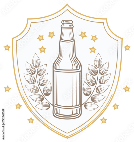 Vintage beer bottle emblem with a wheat wreath and stars on a classic shield logo
