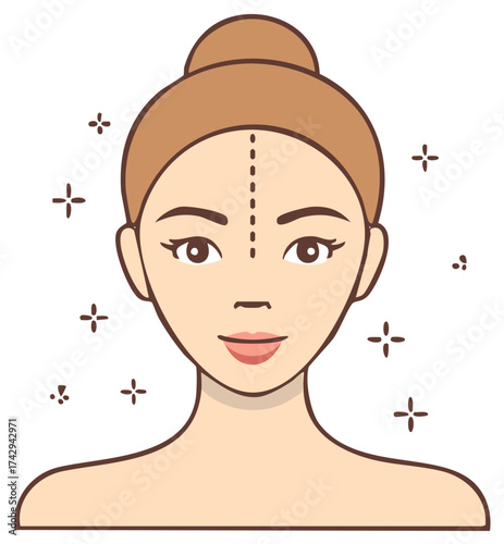 Woman with dotted lines on forehead for contouring guidance Beauty and Skincare Concept