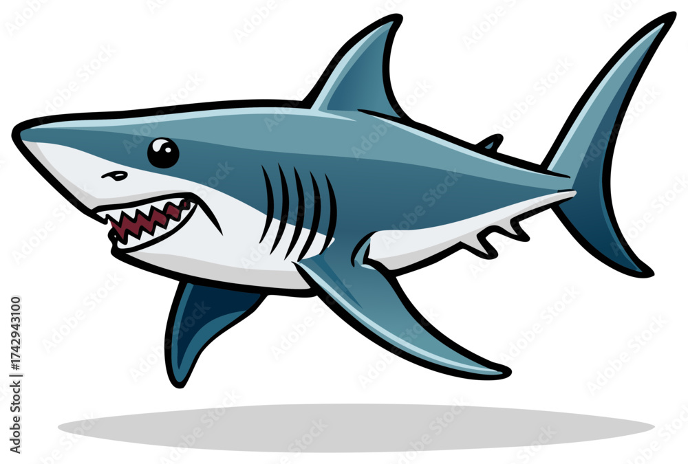Obraz premium Stylized cartoon shark with sharp teeth and fins swimming in clear water
