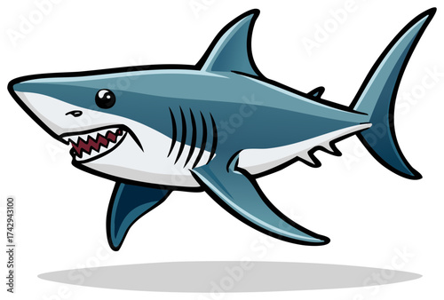 Stylized cartoon shark with sharp teeth and fins swimming in clear water