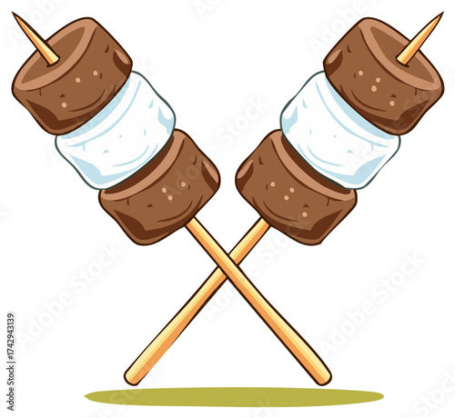 Crossed Skewers with Marshmallows and Chocolate - Cartoon Illustration