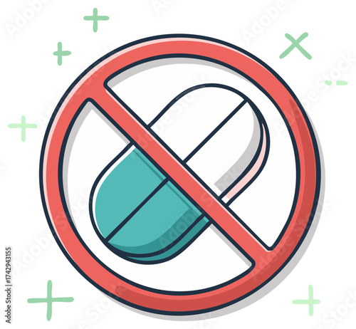 Prohibition symbol over a medicine capsule icon representing no drugs or medication