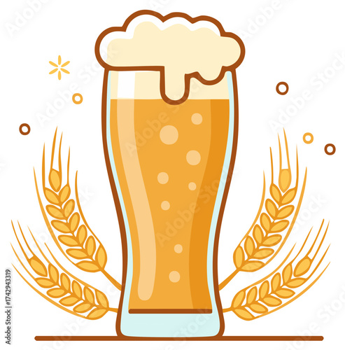 Refreshing beer glass with wheat ears and foam, celebrating brewing, beverage, and festival