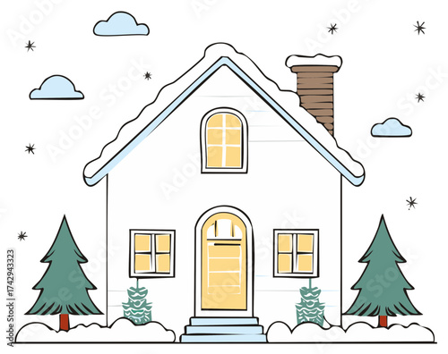 Christmas winter house with snow covered roof pine trees and chimney