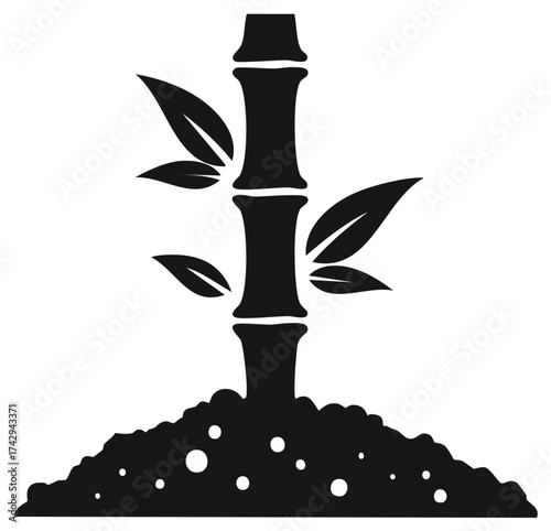 Simple black silhouette of a bamboo stalk with leaves growing from soil