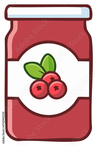 Jar of fruit preserve, cranberry jam with leaves, illustration, vector