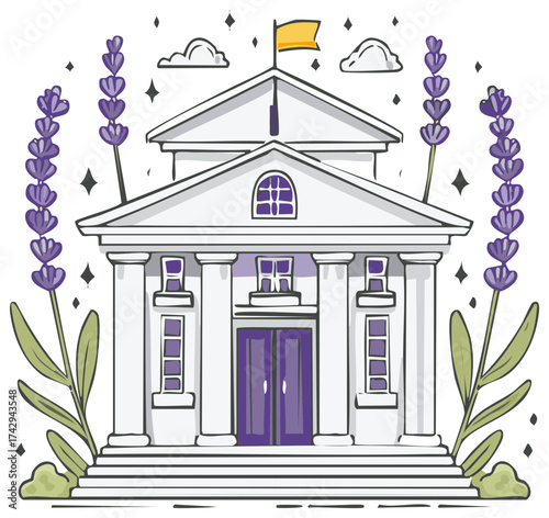 Elegant Government Building with Lavender, Featuring Columns, Windows, Flag, and Decorative Stars and Clouds