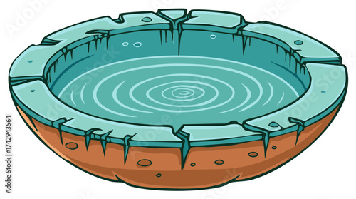 Cartoon Stone Pool with Rippling Water Surface Circular Basin Isolated Clip Art