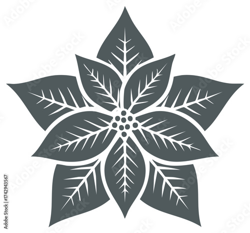 Stylized Poinsettia flower icon, a traditional Christmas plant vector graphic for holiday decoration