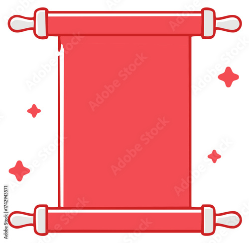 Crimson Scroll Graphic Illustration With Magic Stars, Red Color Rolling Pins Frame Template Document