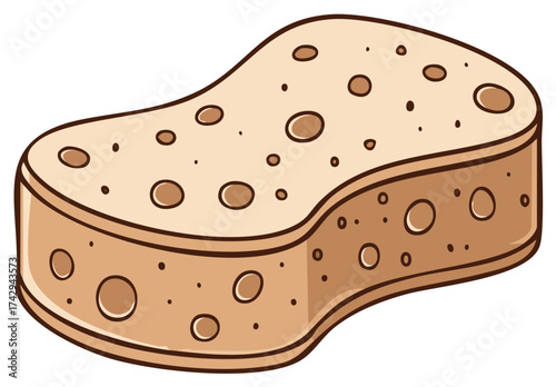 Cartoon illustration of a brown cleaning sponge with holes