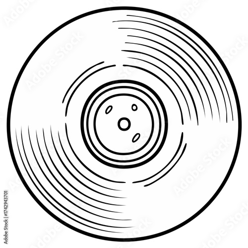 Stylized Line Art of a Vinyl Record with Circular Grooves and Central Hole