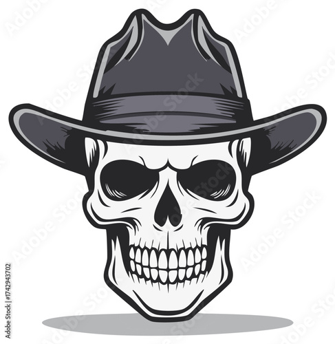 Stylized skull wearing a classic fedora hat in a monochromatic cartoon illustration